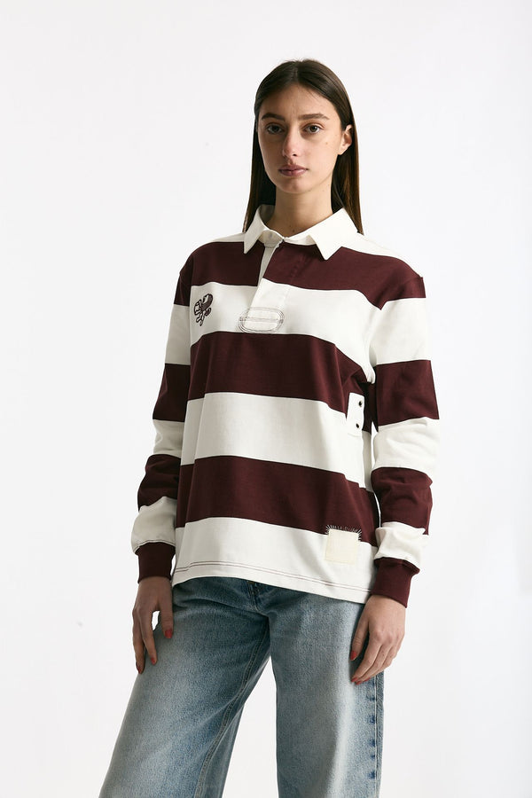 Polo unisex rigata bordeaux e bianca donna Woc