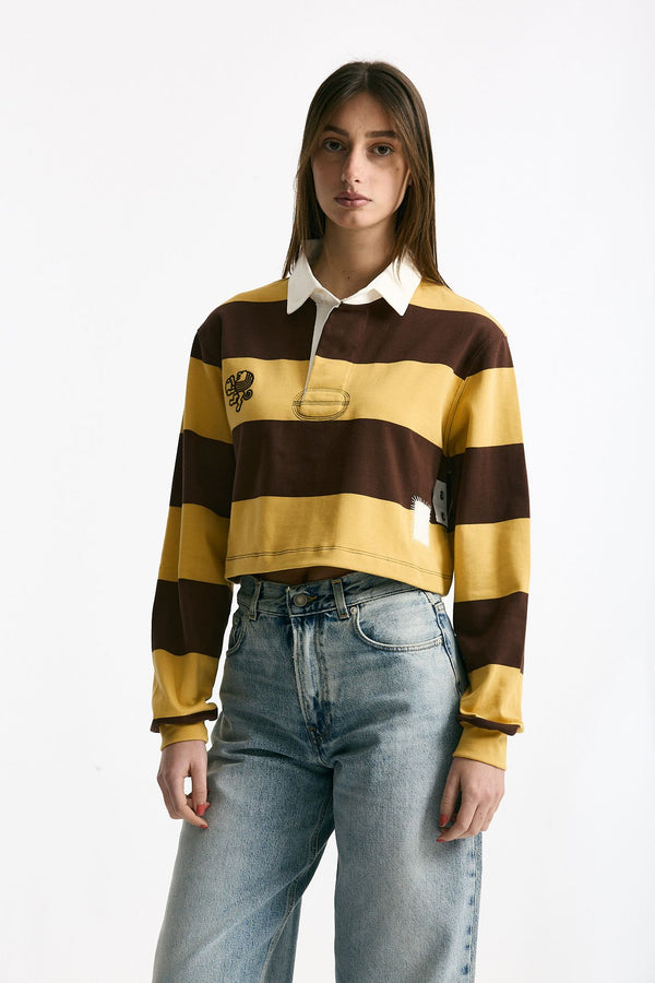 Polo crop rigata marrone e gialla donna Woc
