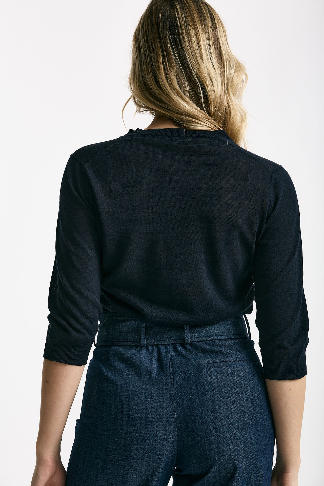 Maglia scollo a V in lino e cotone blu donna Zanone - 3