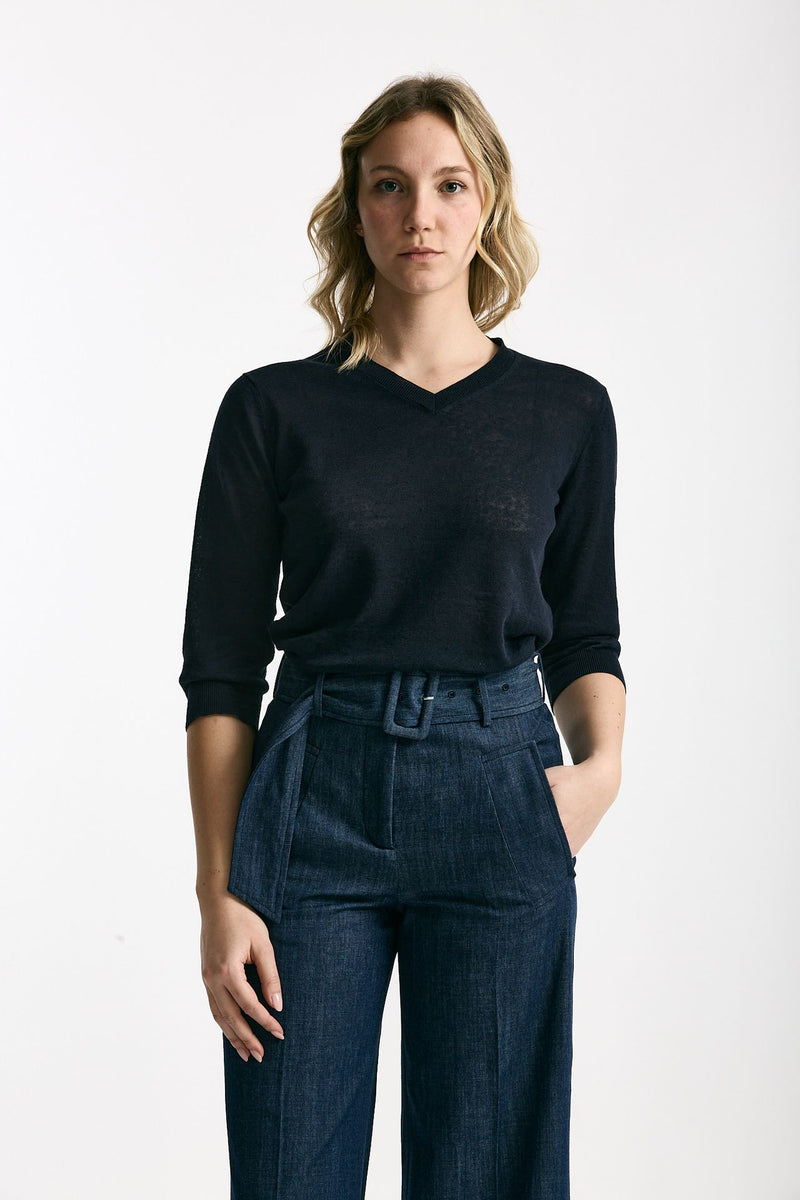 Maglia scollo a V in lino e cotone blu donna Zanone - 1