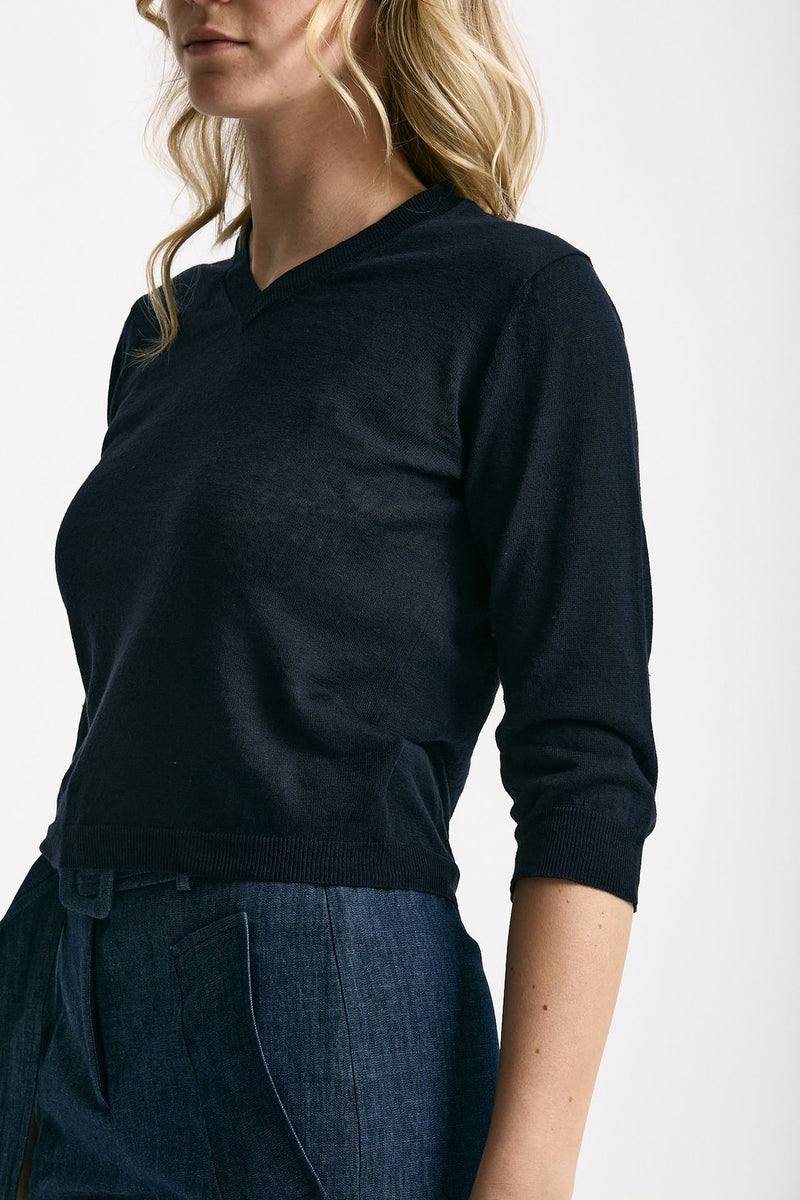 Maglia scollo a V in lino e cotone blu donna Zanone - 4