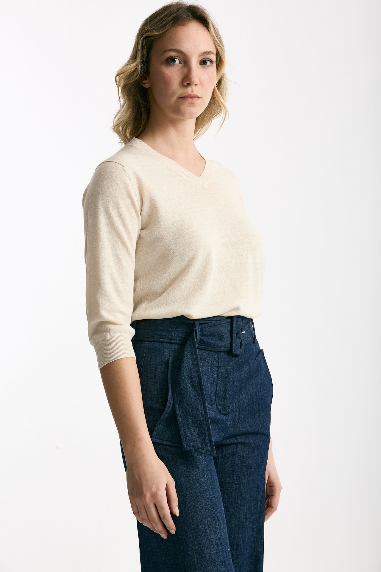 Maglia scollo a V in lino e cotone panna donna Zanone - 4