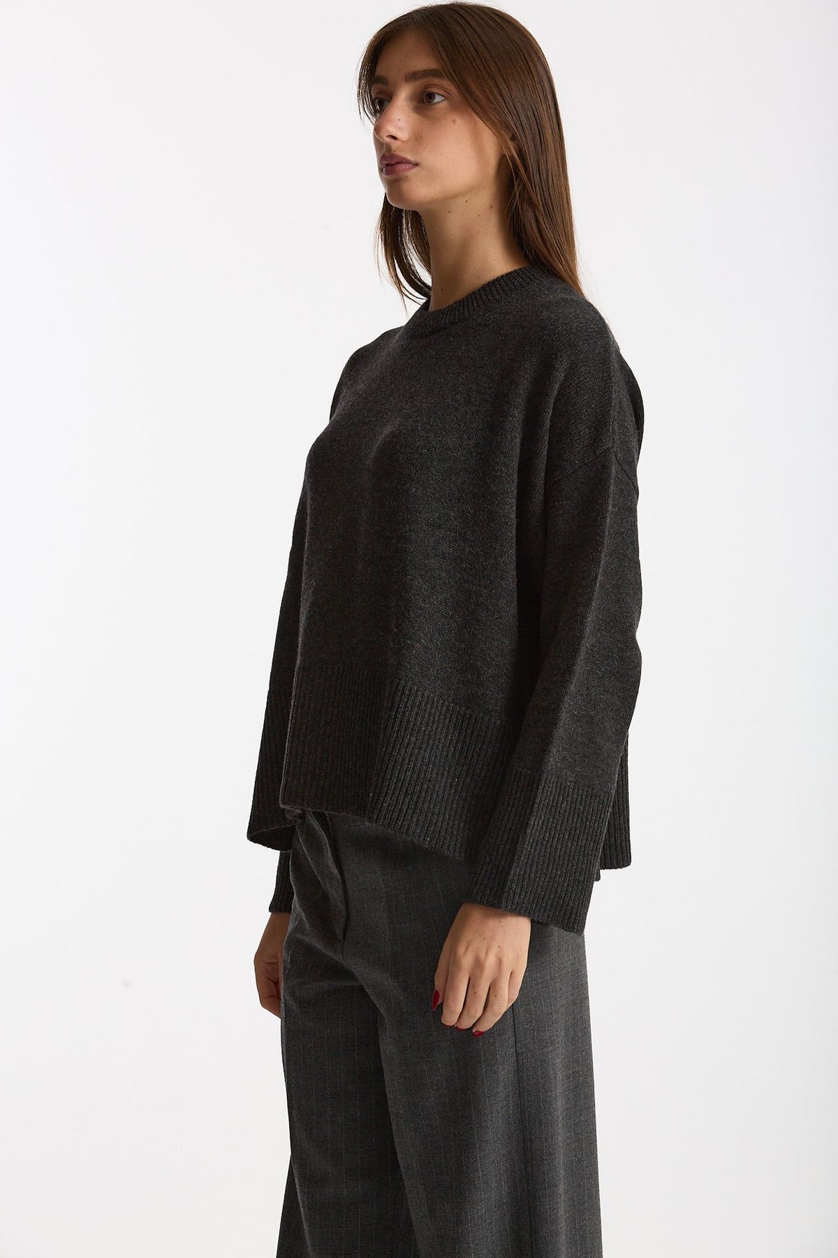 Maglia girocollo over in cashmere a due fili  antracite donna Be you - 3