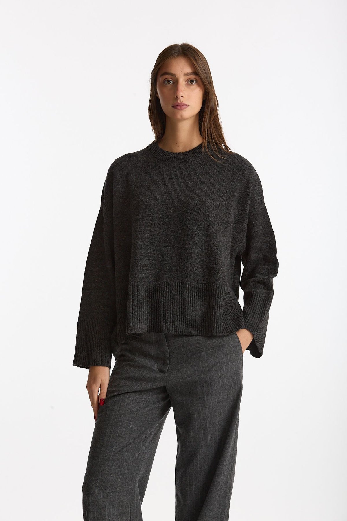 Maglia girocollo over in cashmere a due fili  antracite donna Be you - 2