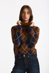 Maglia dolcevita in cashmere a due fili a rombi blue/tabacco donna Be you - 1