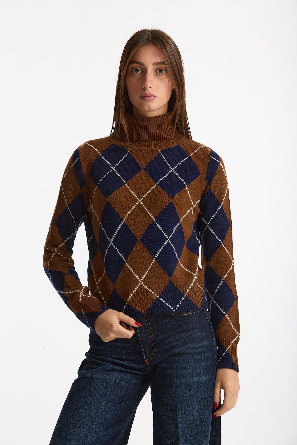 Maglia dolcevita in cashmere a due fili a rombi blue/tabacco donna Be you - 2