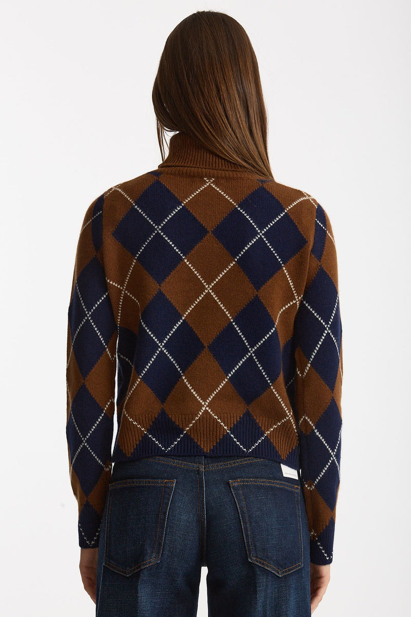 Maglia dolcevita in cashmere a due fili a rombi blue/tabacco donna Be you - 4
