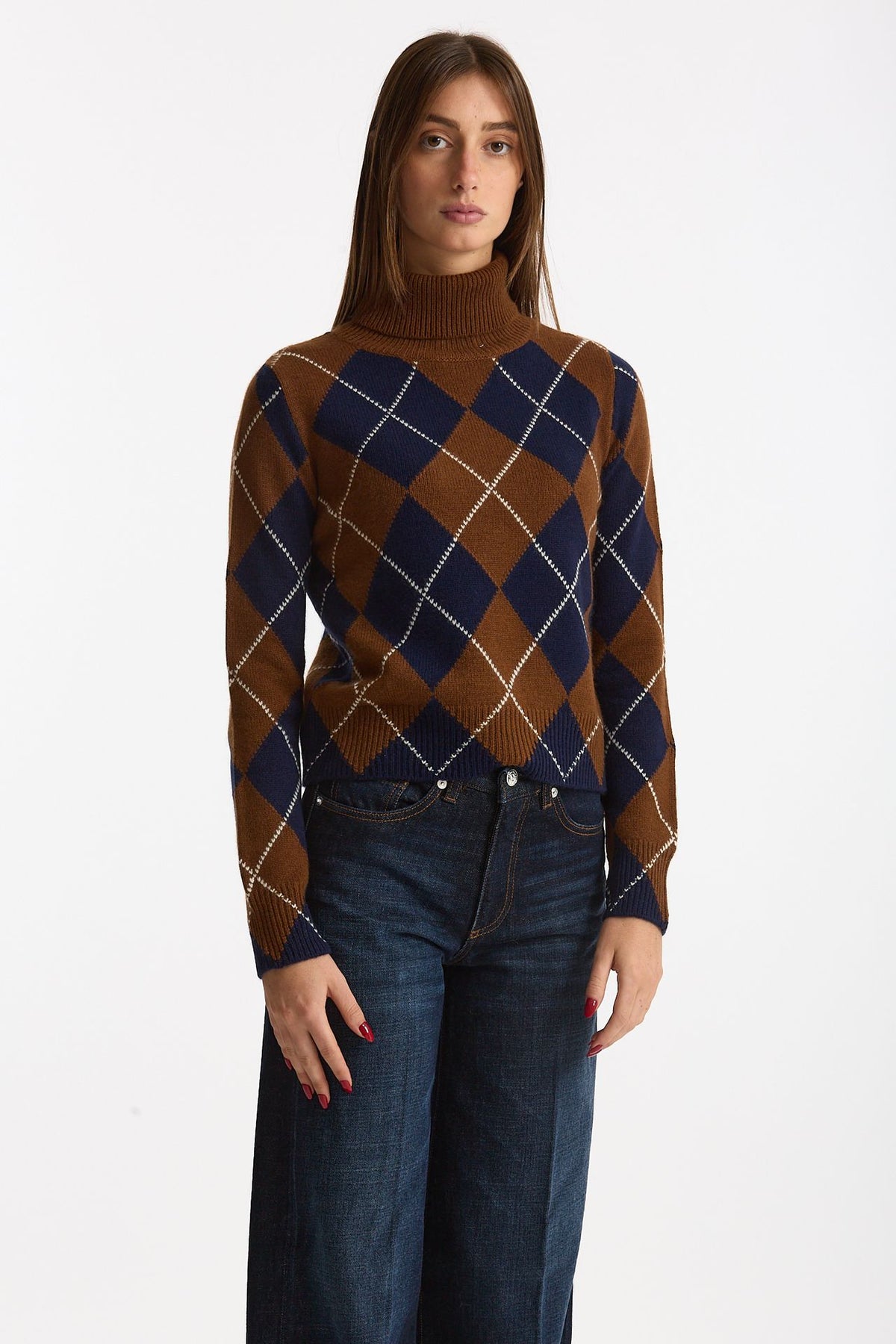Maglia dolcevita in cashmere a due fili a rombi blue/tabacco donna Be you - 5