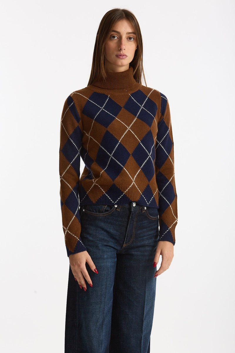 Maglia dolcevita in cashmere a due fili a rombi blue/tabacco donna Be you - 5