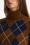 Maglia dolcevita in cashmere a due fili a rombi blue/tabacco donna Be you - 6