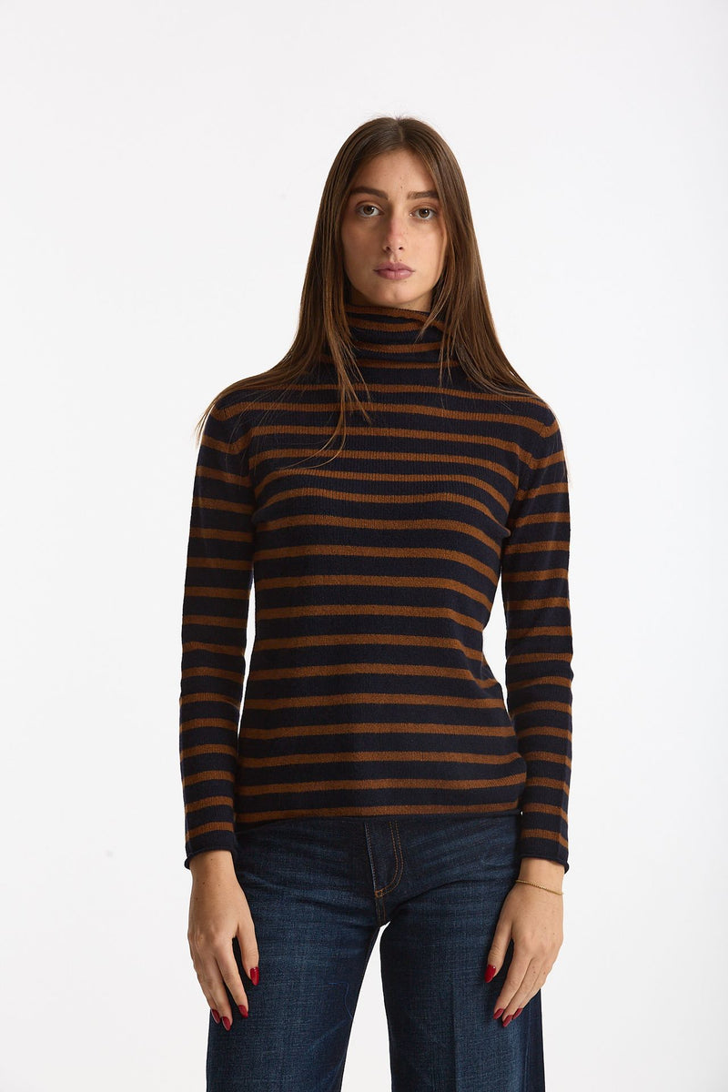 Maglia dolcevita rigata in cashmere tabacco e blu donna Be you - 1