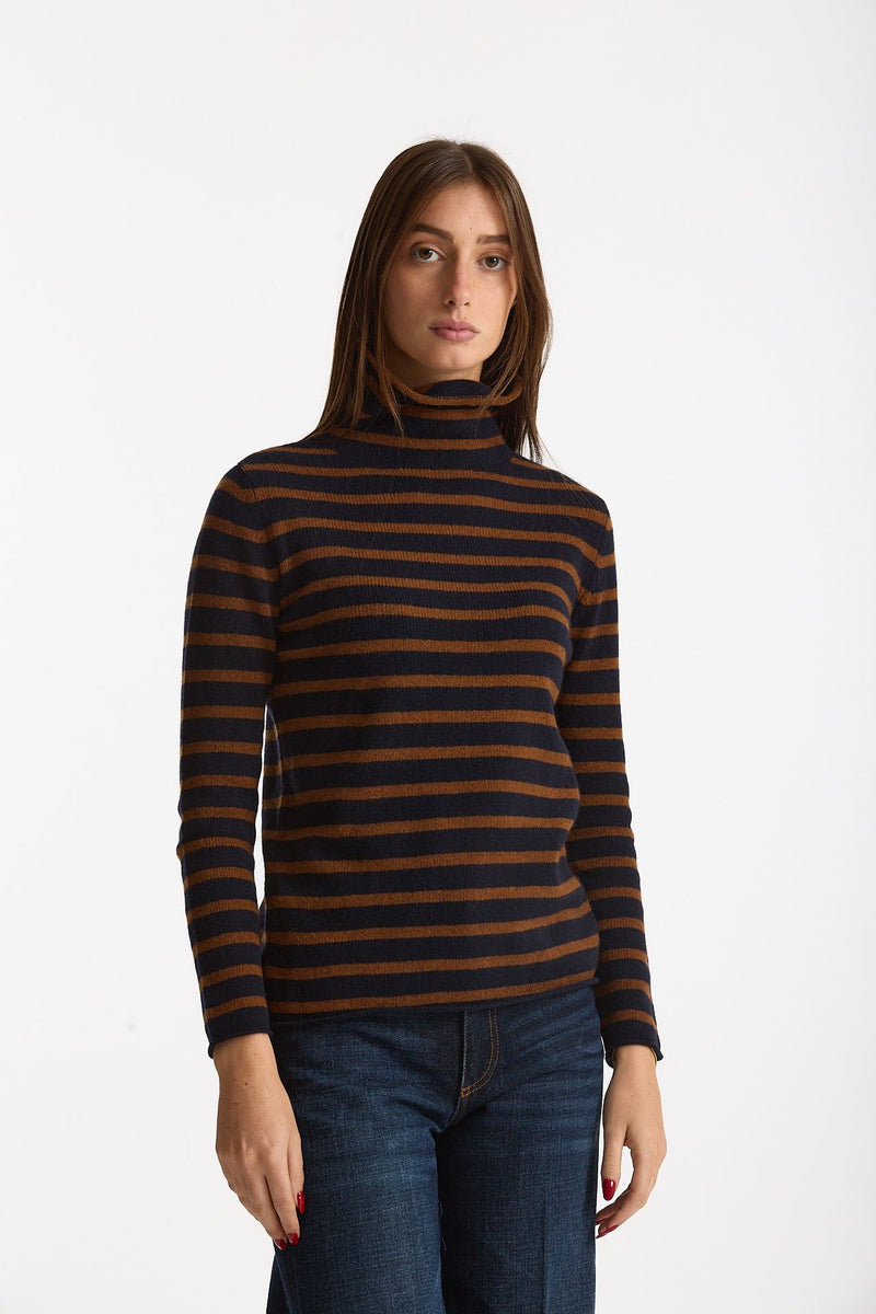 Maglia dolcevita rigata in cashmere tabacco e blu donna Be you - 3