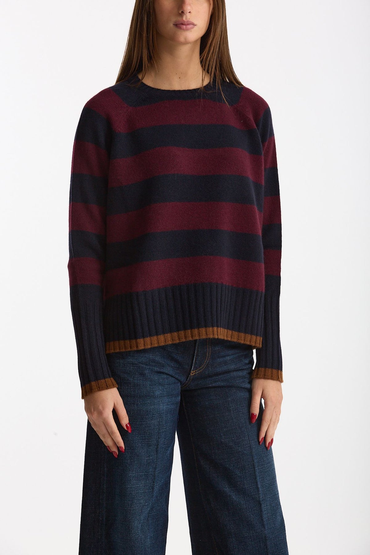 Maglia girocollo rigata in cashmere a due fili donna Be you - 1