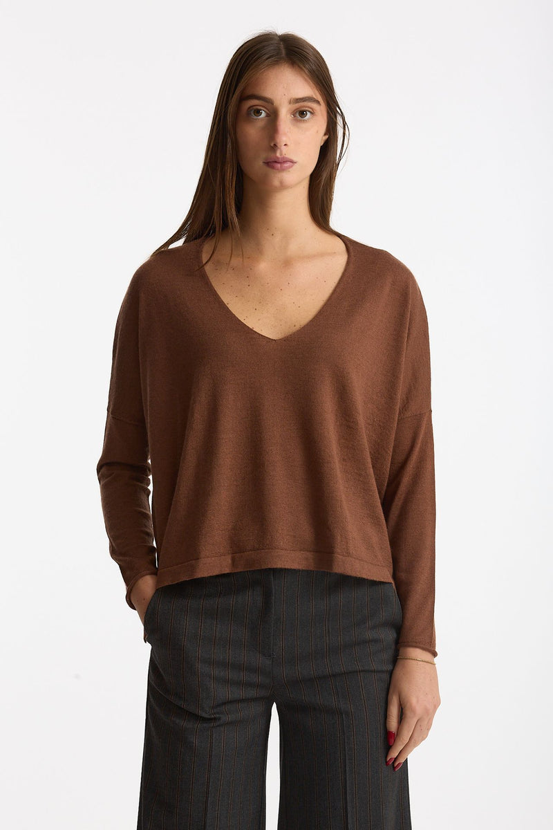 Maglia scollo a v in cashmere e seta tabacco donna Be you - 2
