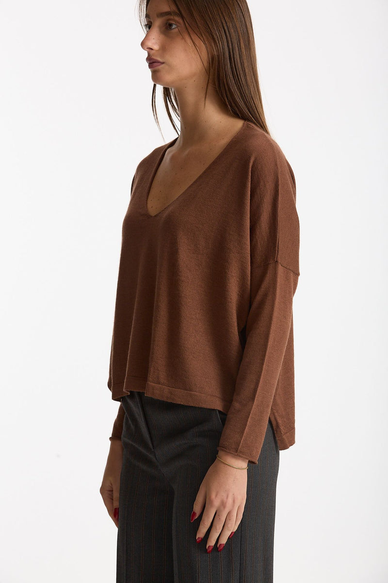 Maglia scollo a v in cashmere e seta tabacco donna Be you - 3