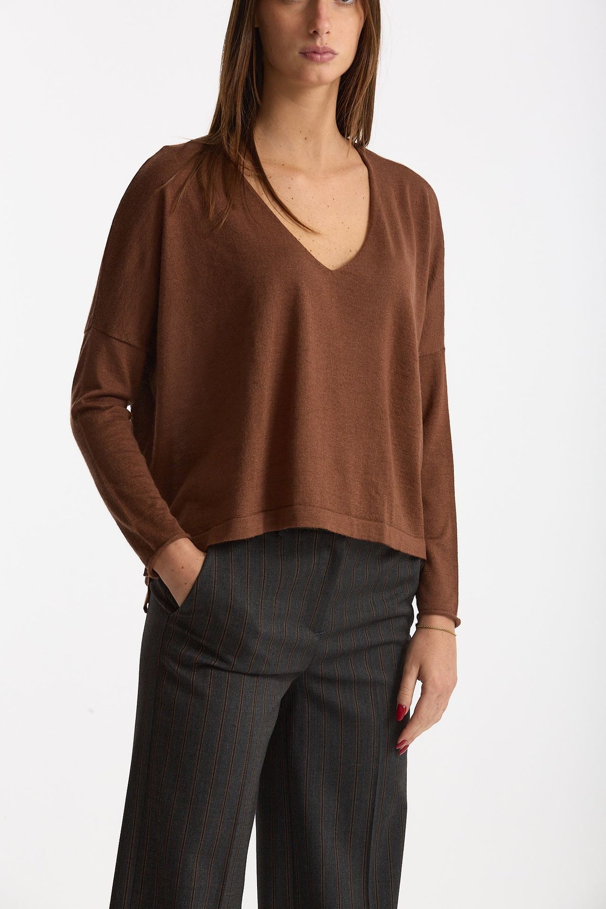 Maglia scollo a v in cashmere e seta tabacco donna Be you - 1