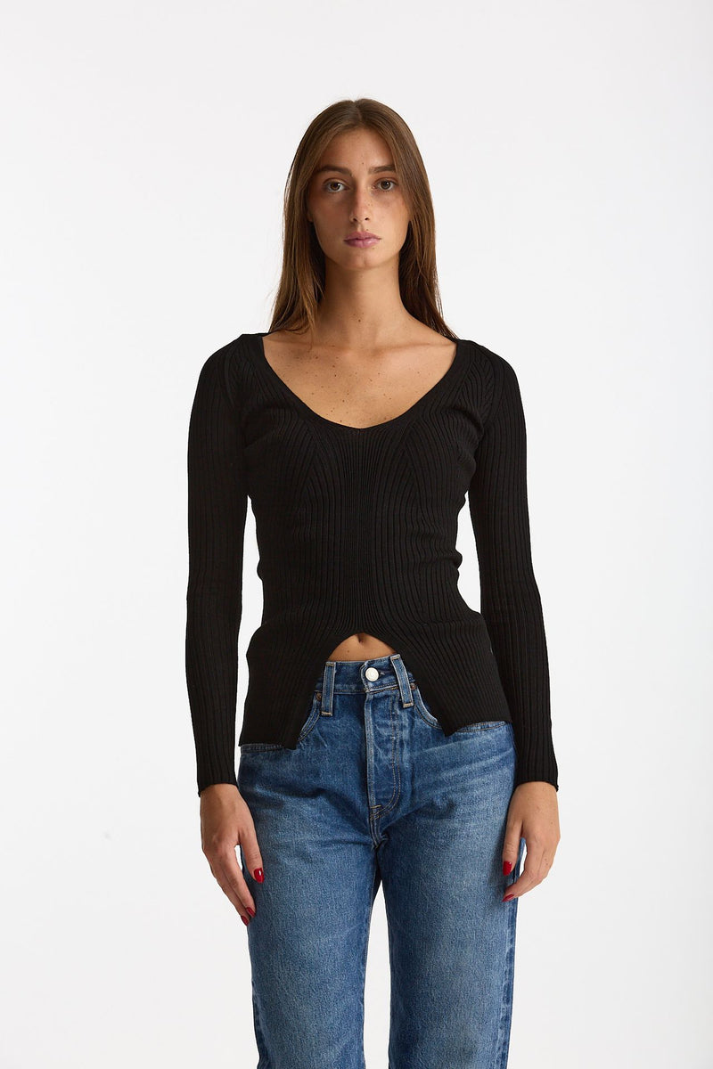 Maglia a costine scollo a v nero donna Dondup - 1