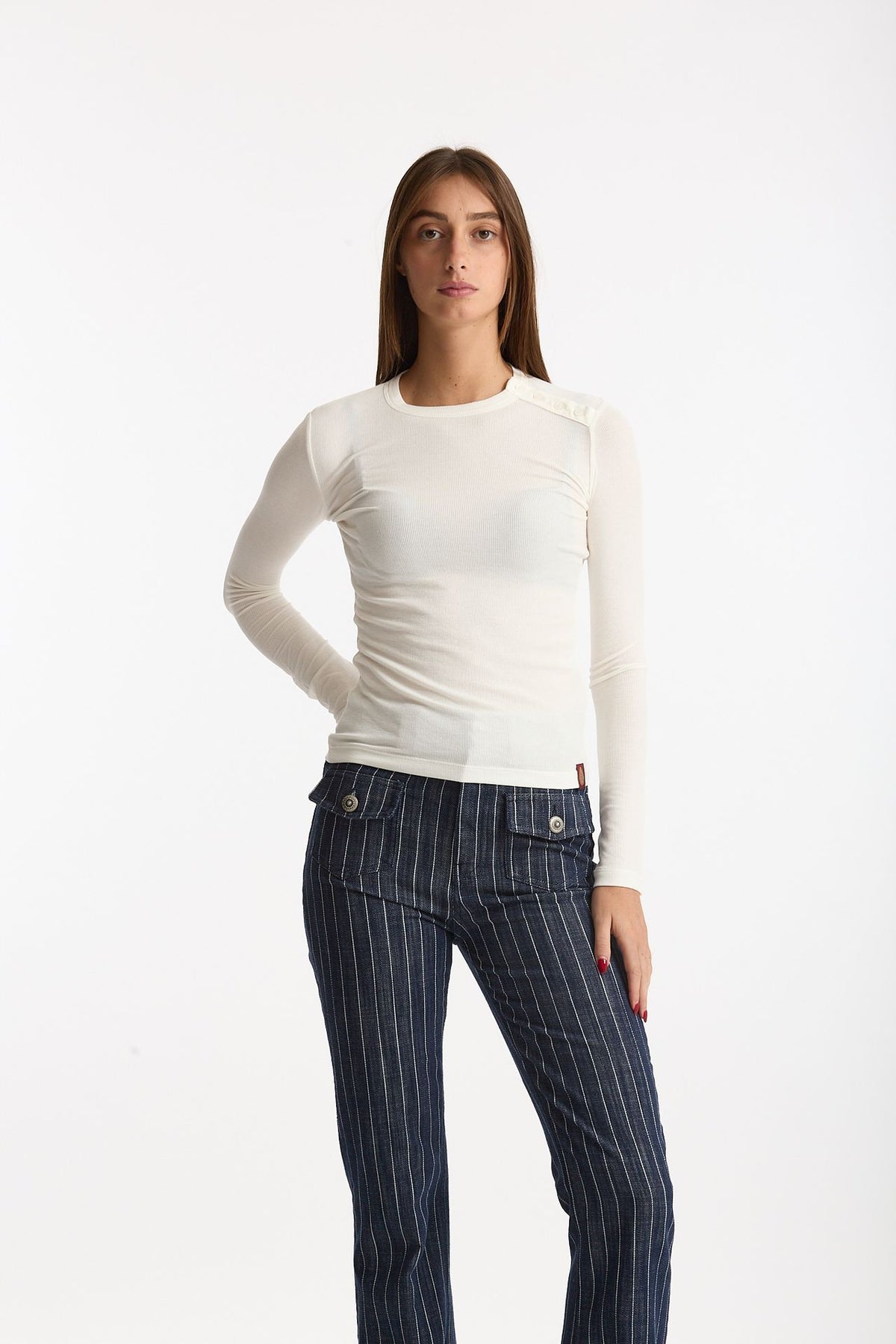 T-shirt slim ESIBIZIONISTA a costine bianco donna Dondup - 1