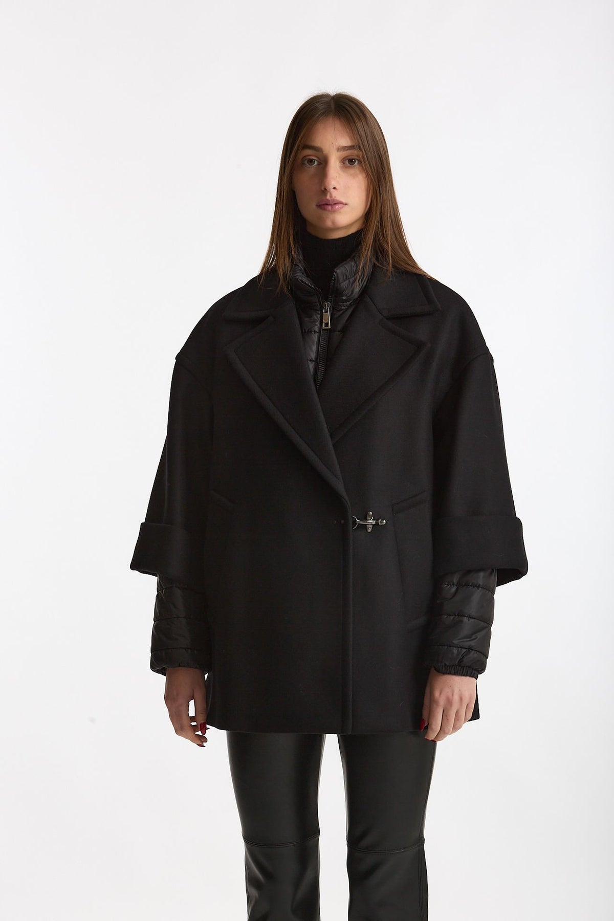 Cappa over in lana con giubbino in nylon nero donna Fay - 1