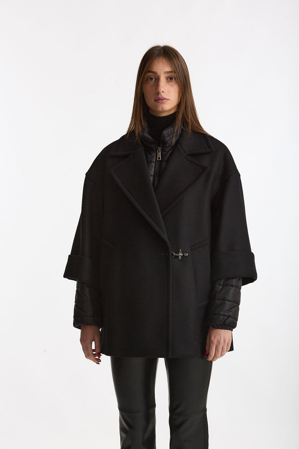 Cappa over in lana con giubbino in nylon nero donna Fay