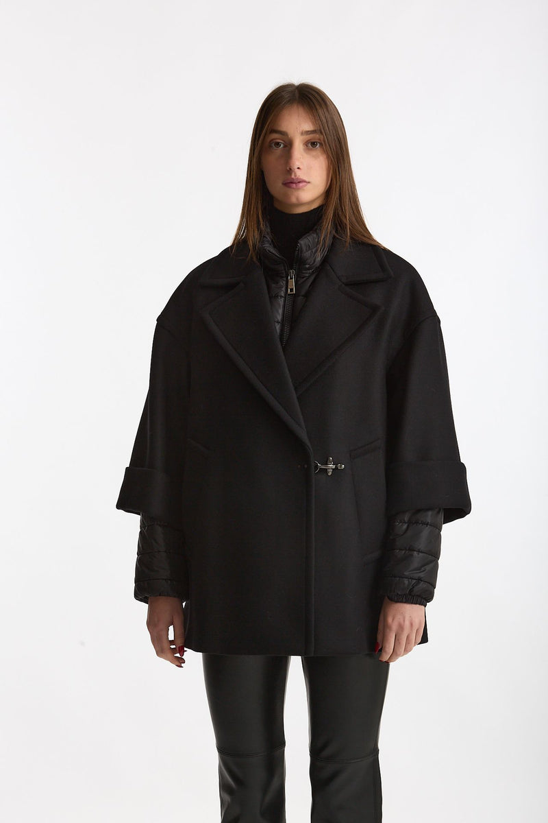 Cappa over in lana con giubbino in nylon nero donna Fay - 1