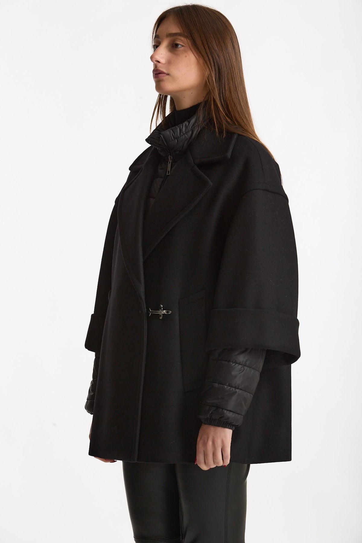 Cappa over in lana con giubbino in nylon nero donna Fay - 2