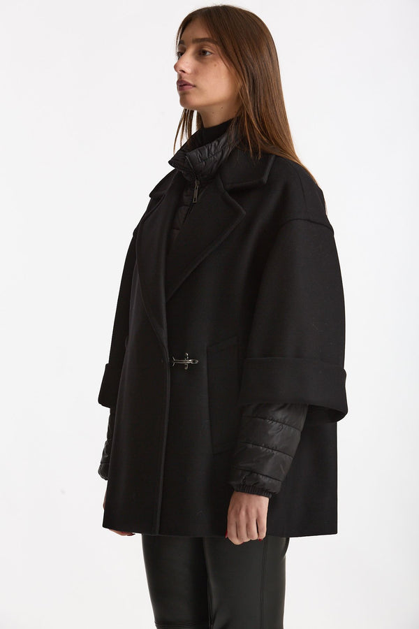 Cappa over in lana con giubbino in nylon nero donna Fay