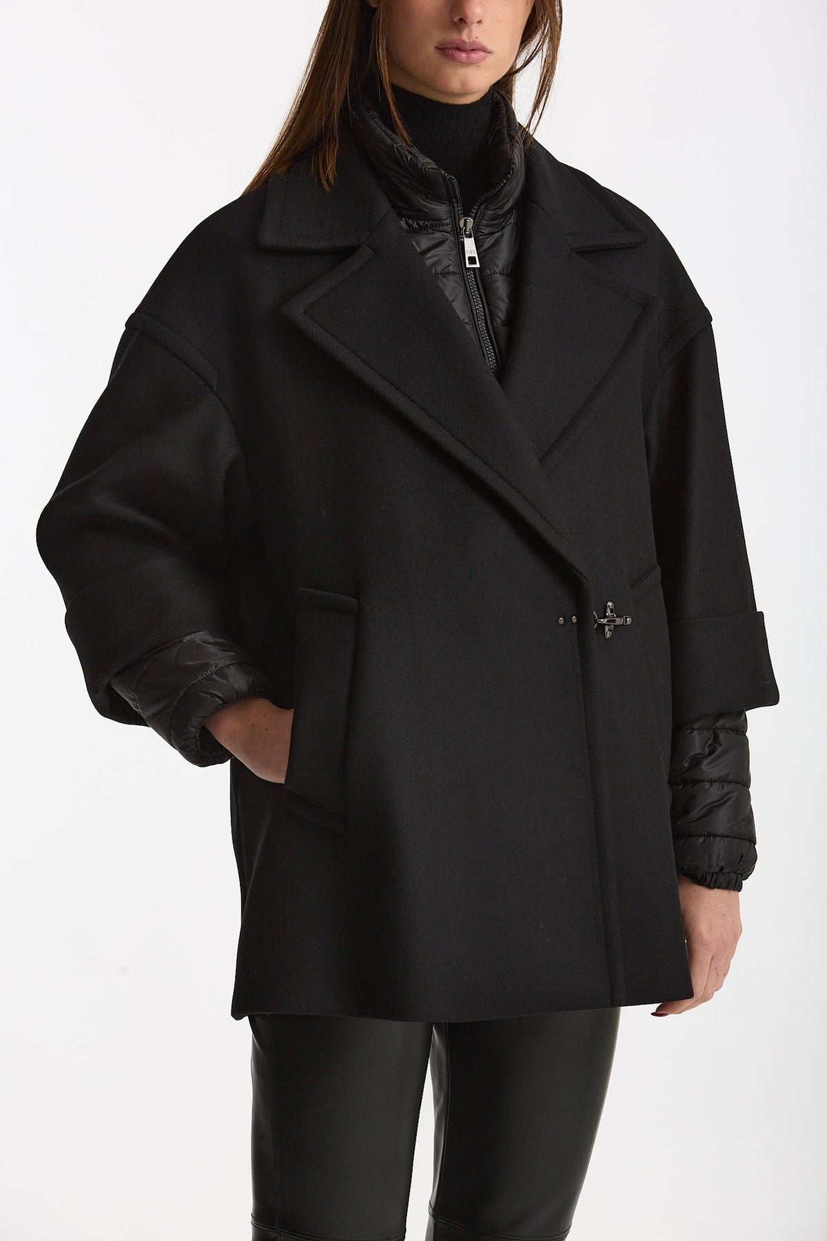Cappa over in lana con giubbino in nylon nero donna Fay - 4