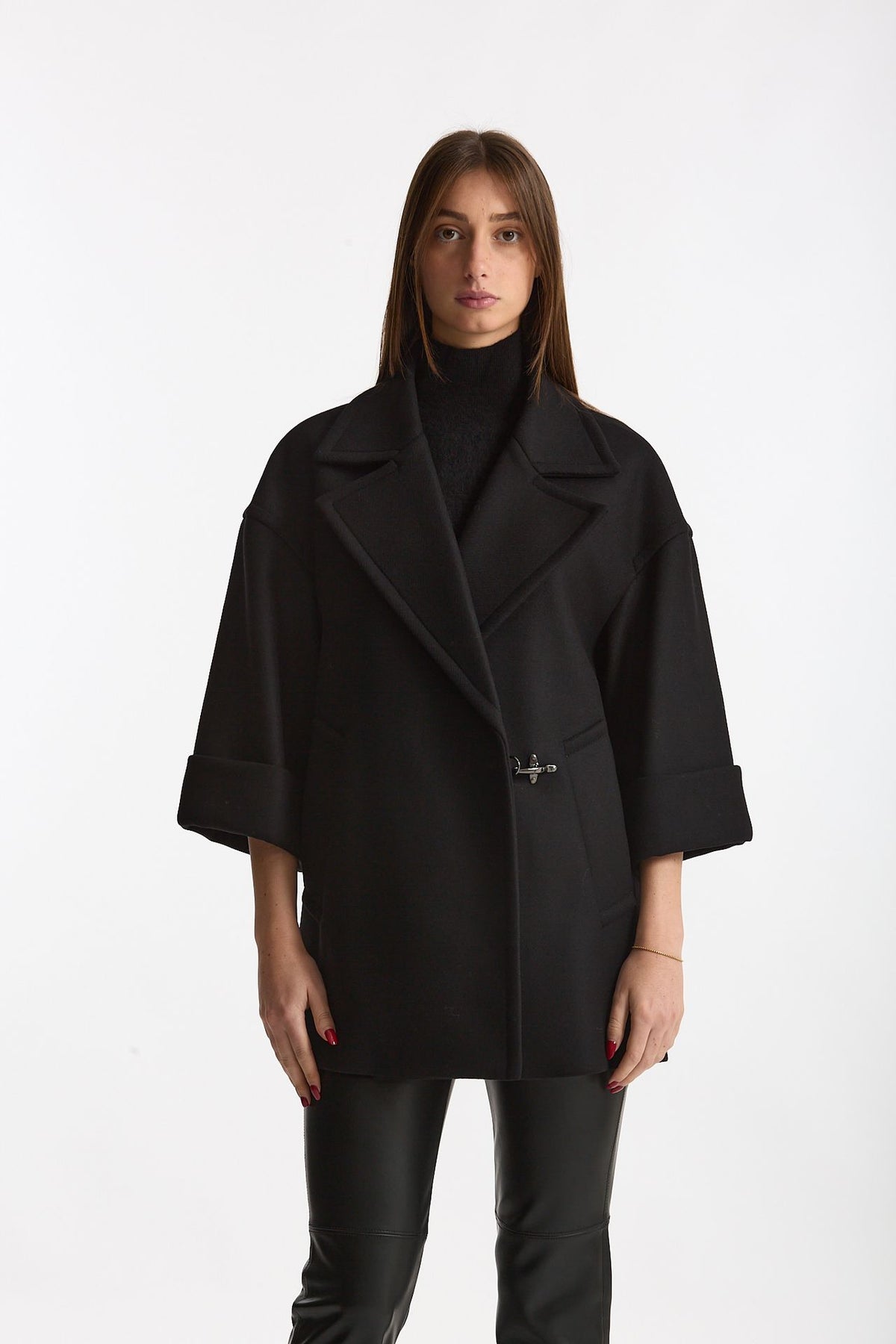 Cappa over in lana con giubbino in nylon nero donna Fay - 8