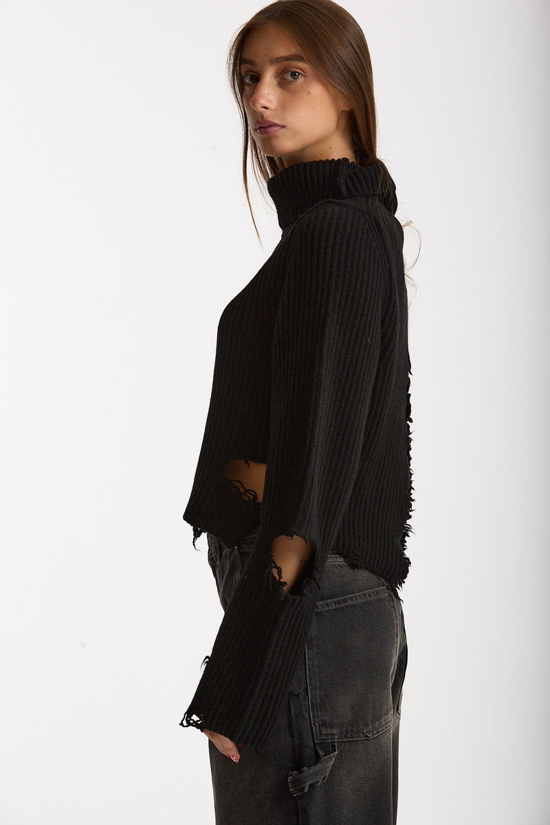Maglia destroyed collo alto nero donna Haikure - 1