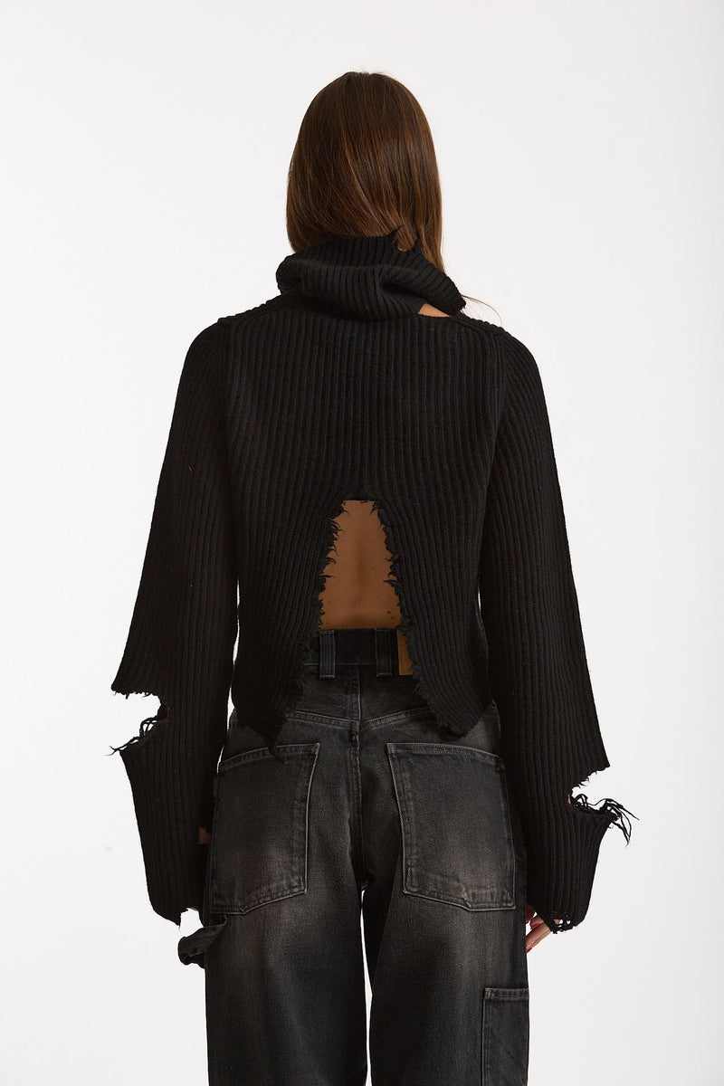 Maglia destroyed collo alto nero donna Haikure - 3