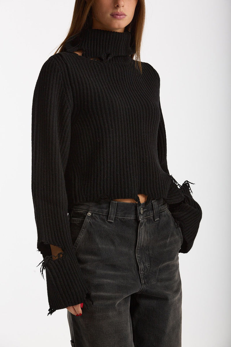 Maglia destroyed collo alto nero donna Haikure - 4