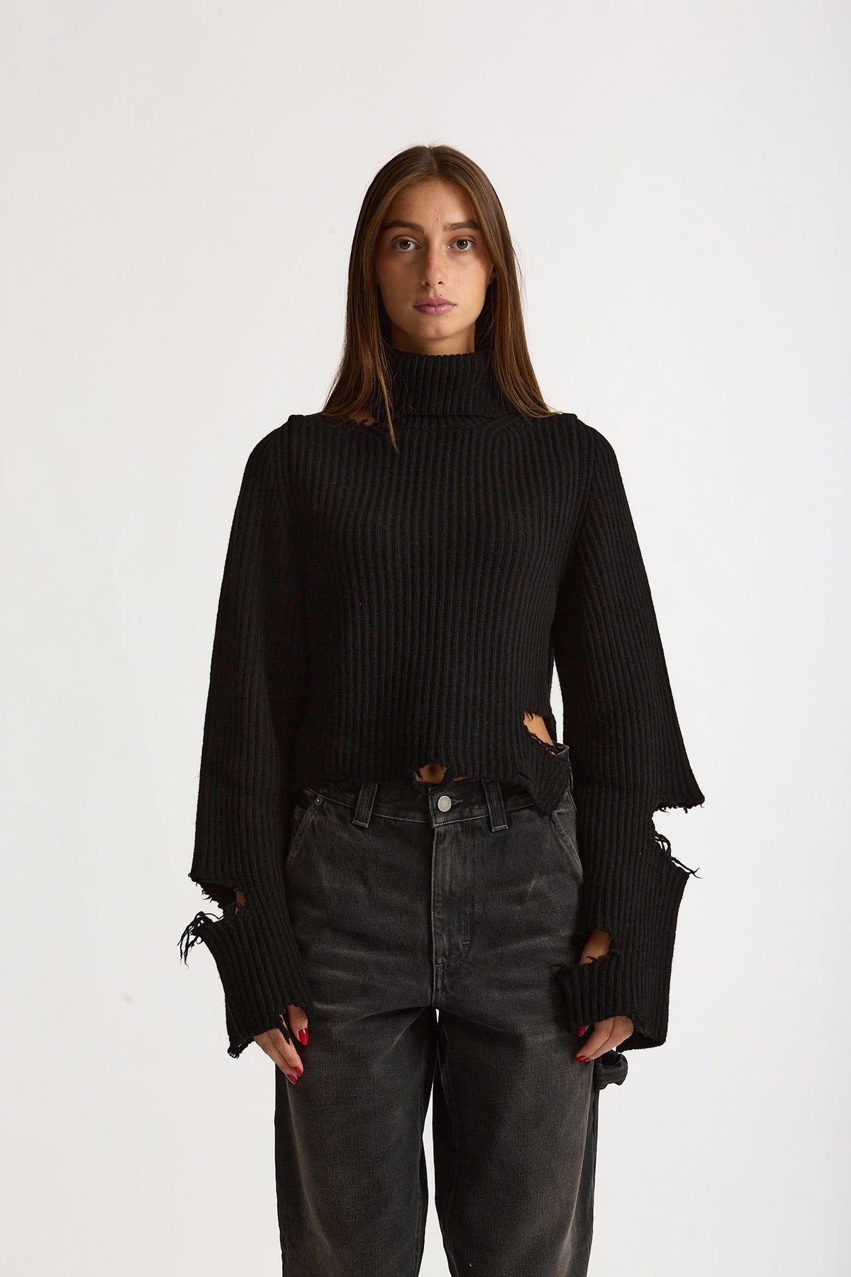 Maglia destroyed collo alto nero donna Haikure - 2