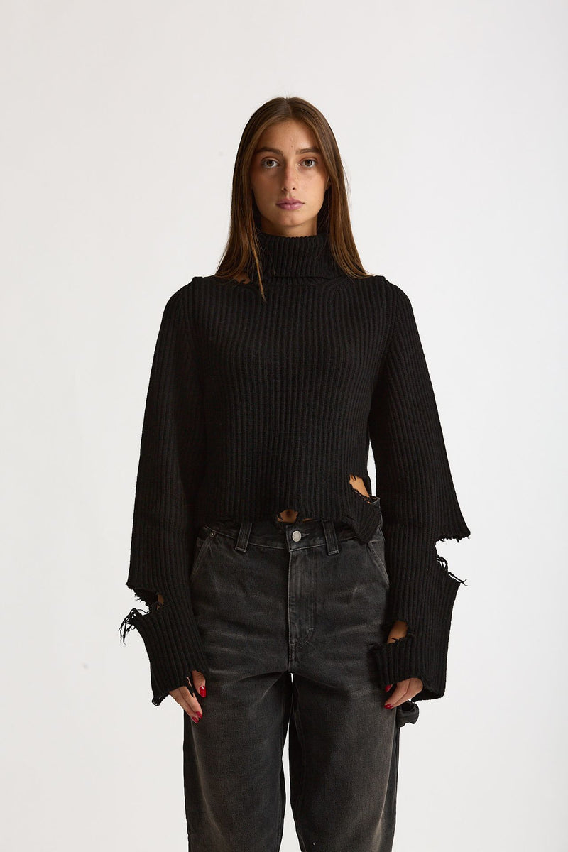 Maglia destroyed collo alto nero donna Haikure - 2
