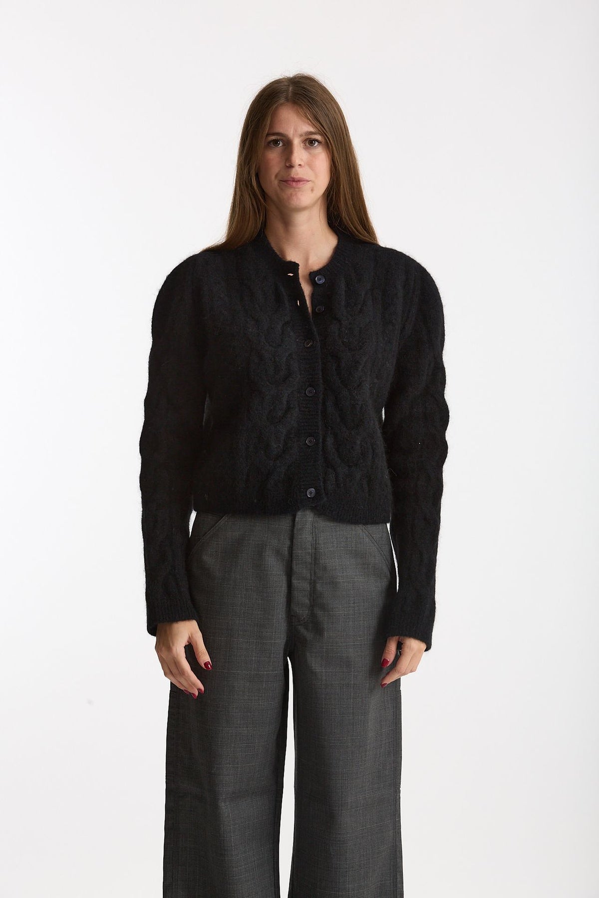 Cardigan girocollo a trecce nero donna Laneus - 1