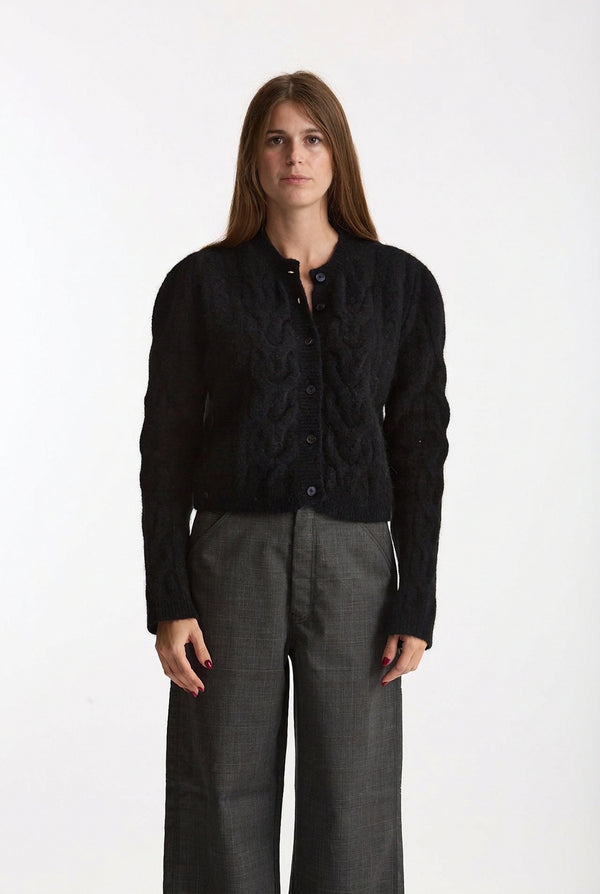 Cardigan girocollo a trecce nero donna Laneus
