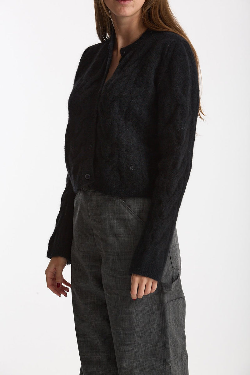 Cardigan girocollo a trecce nero donna Laneus - 2