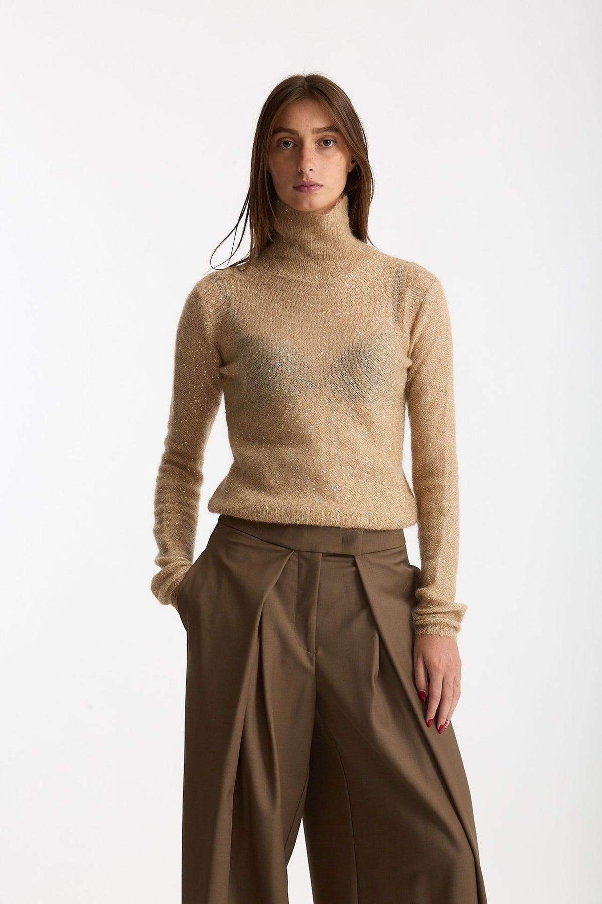Maglia dolcevita micro paillettes beige donna Nude - 1