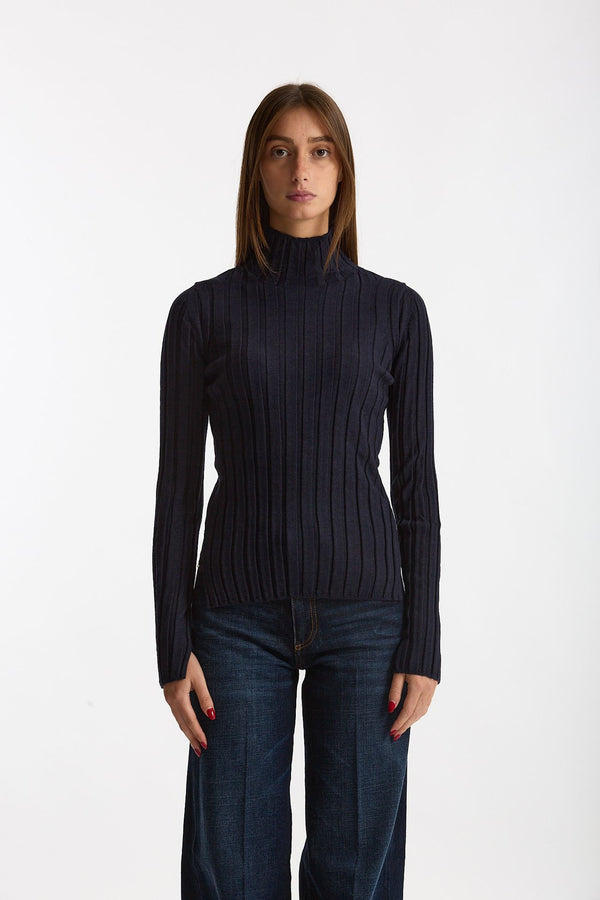 Maglia dolcevita a coste blu donna Nude