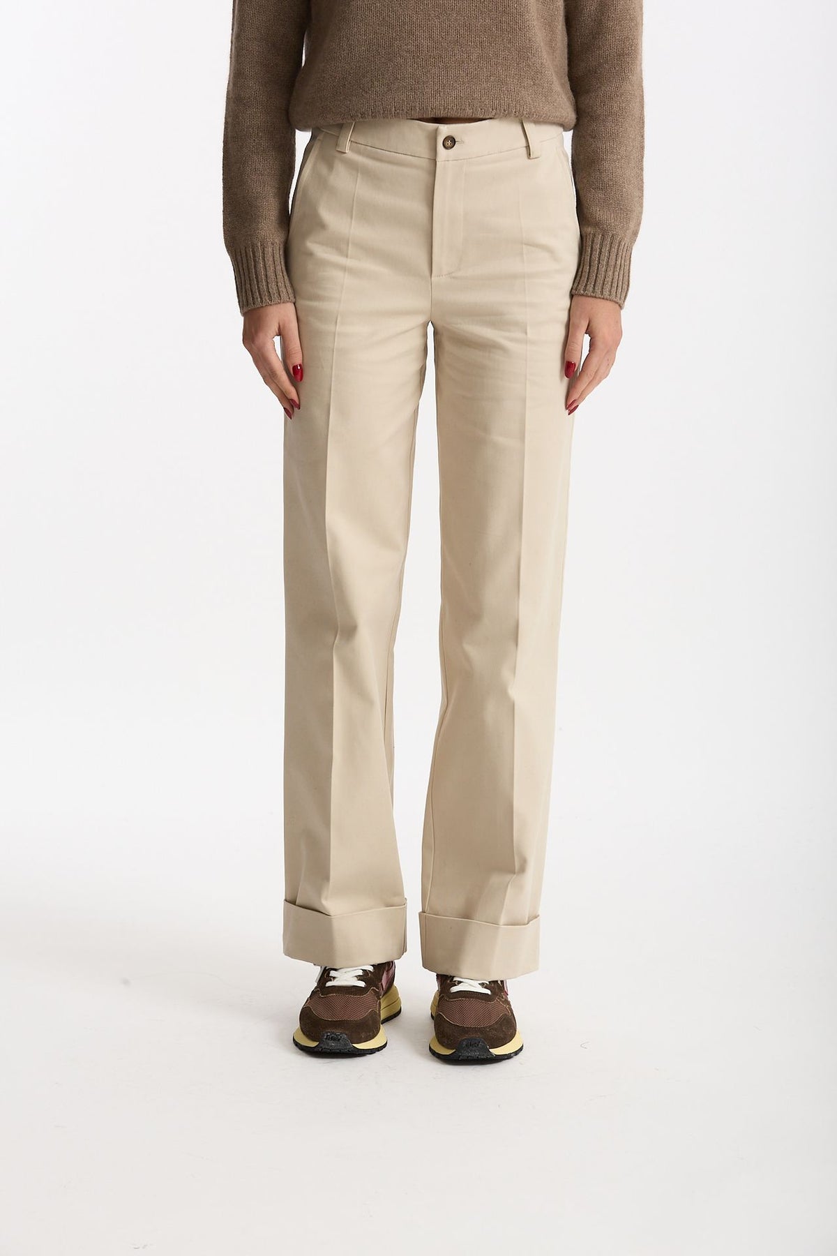 Pantalone vita alta in cotone panna donna ( p - s ) - 2