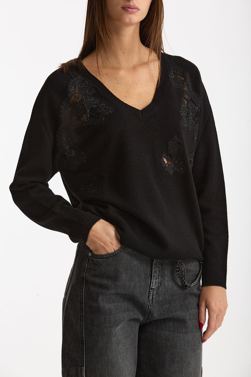 Maglia scollo a V applicazioni nero donna Ermanno firenze - 1