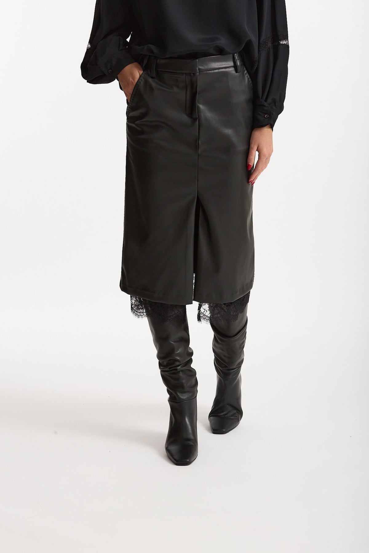 Gonna midi in eco-pelle nero donna Ermanno firenze - 1