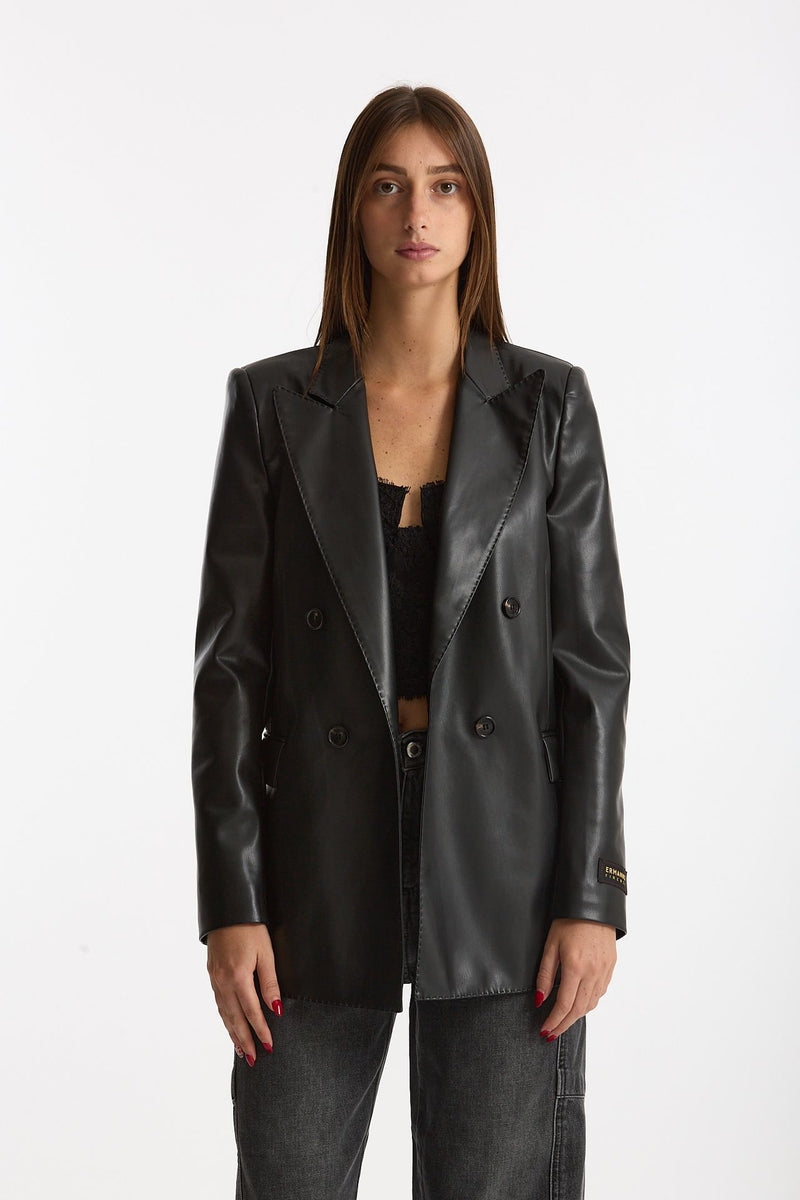 Giacca doppiopetto in ecopelle nero donna Ermanno firenze - 3