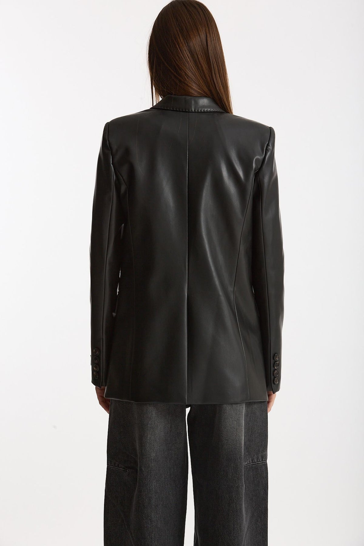 Giacca doppiopetto in ecopelle nero donna Ermanno firenze - 5