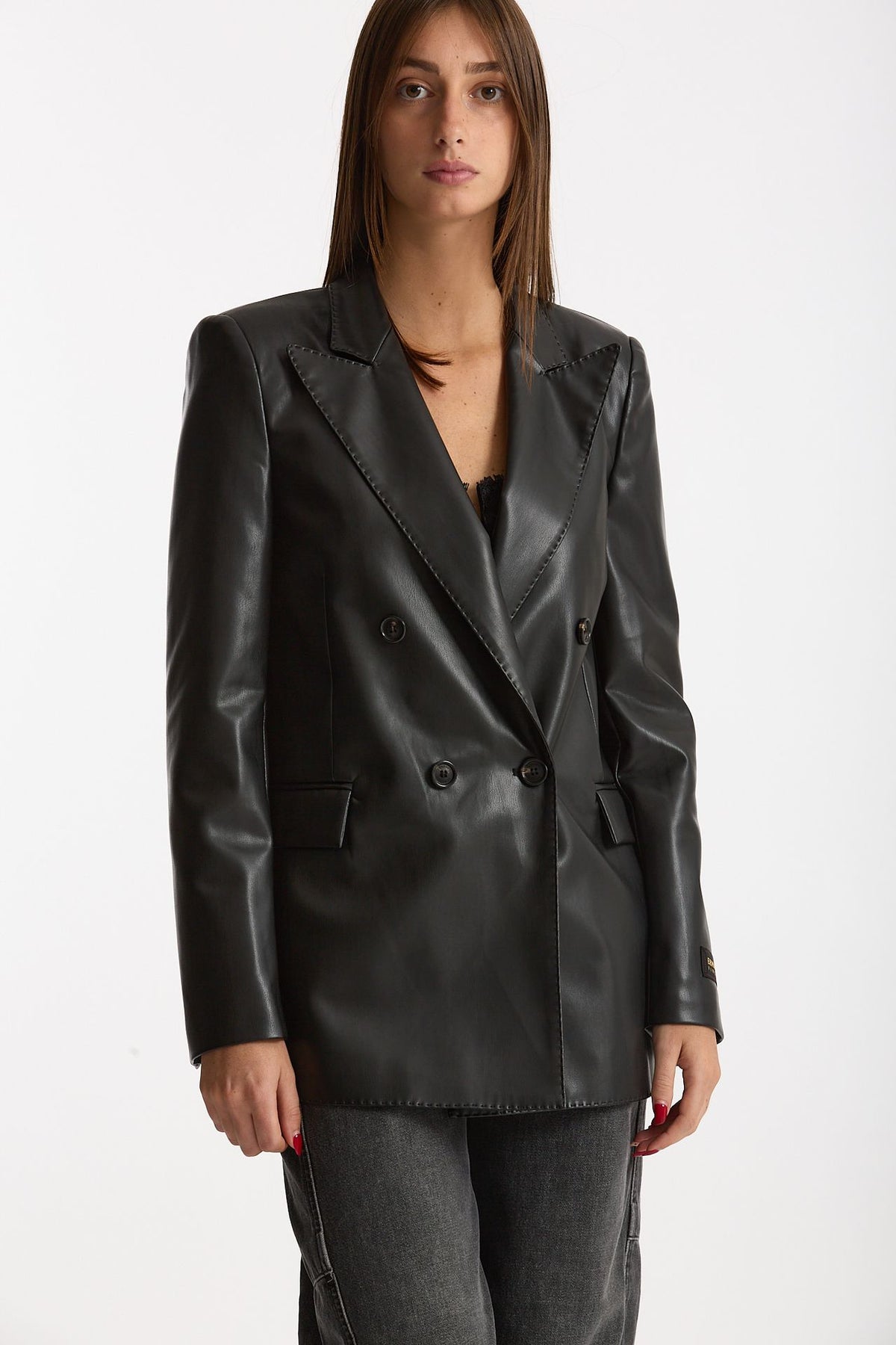 Giacca doppiopetto in ecopelle nero donna Ermanno firenze - 6