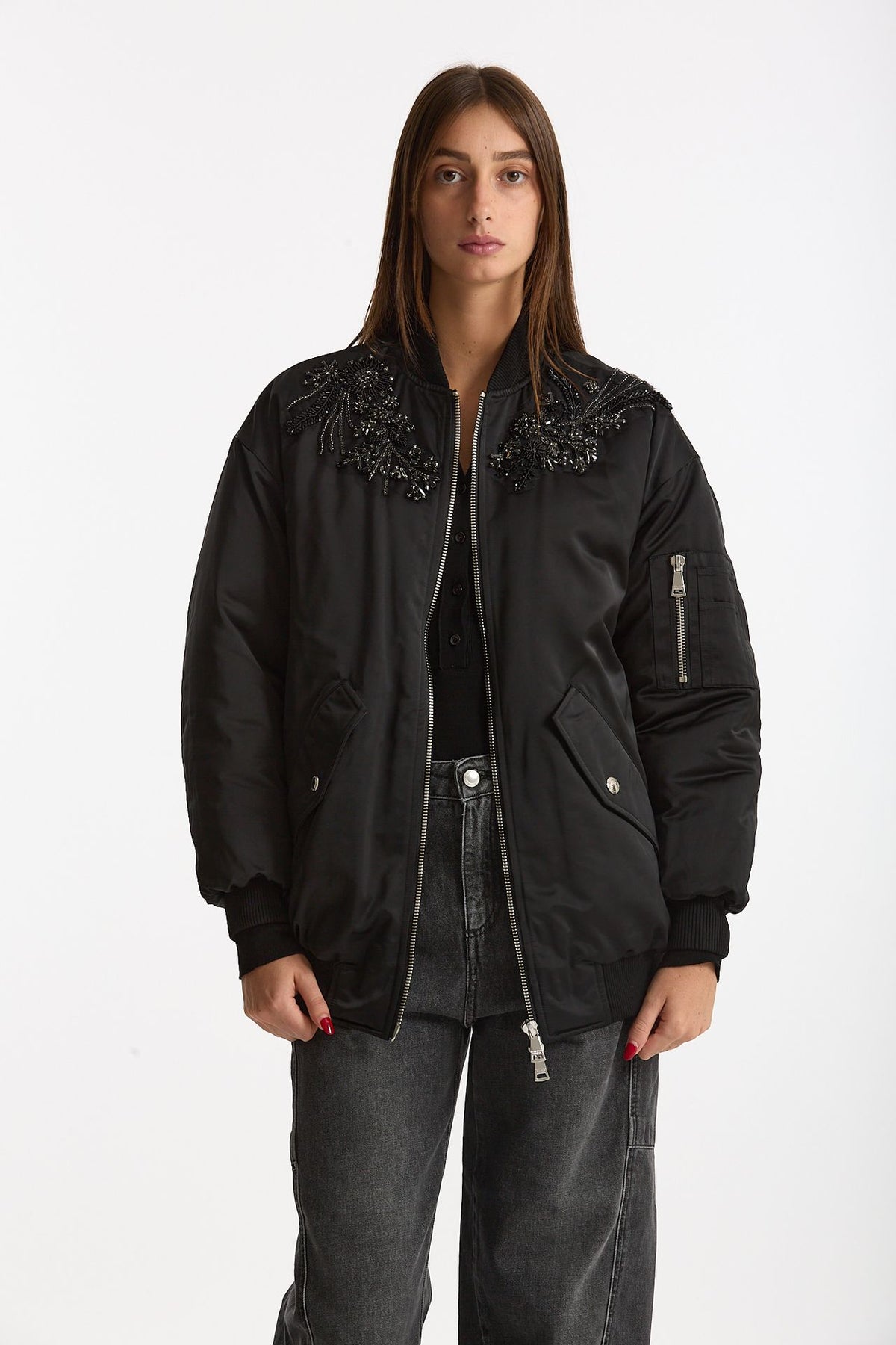 Bomber imbottito in raso con ricami gioiello nero donna Ermanno firenze - 1