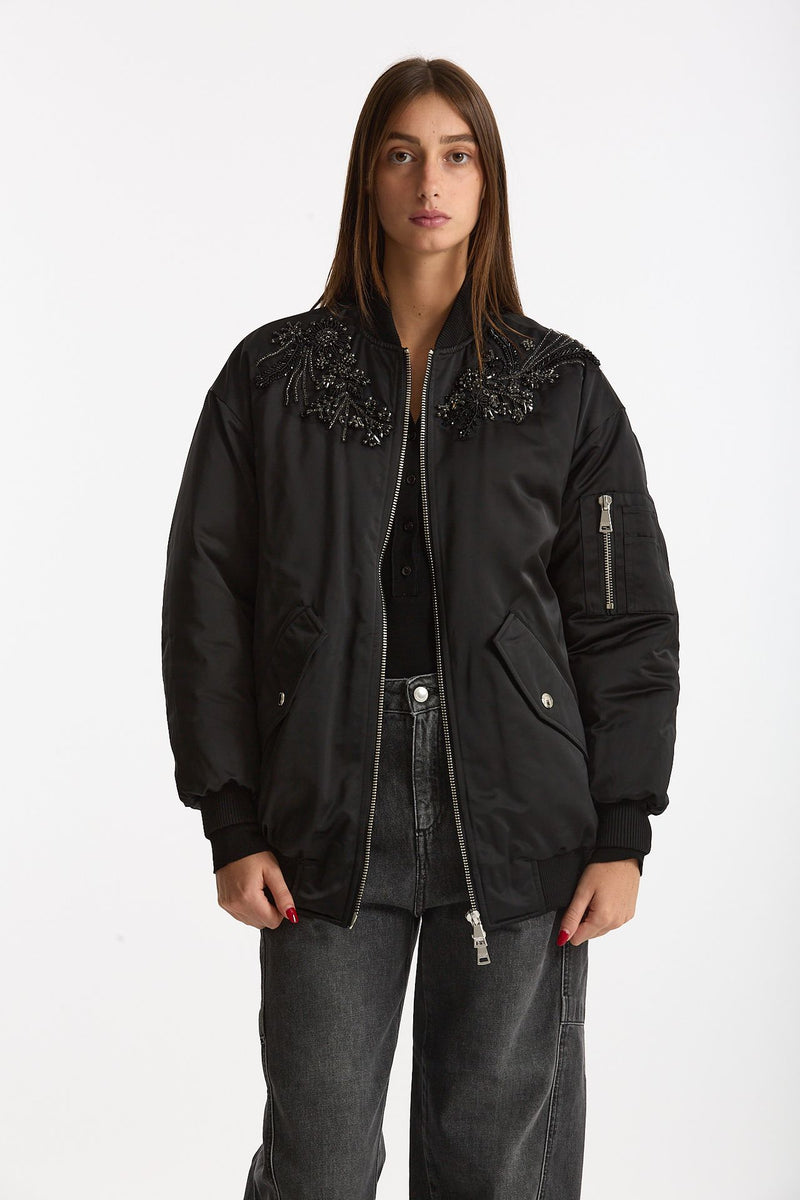 Bomber imbottito in raso con ricami gioiello nero donna Ermanno firenze - 1