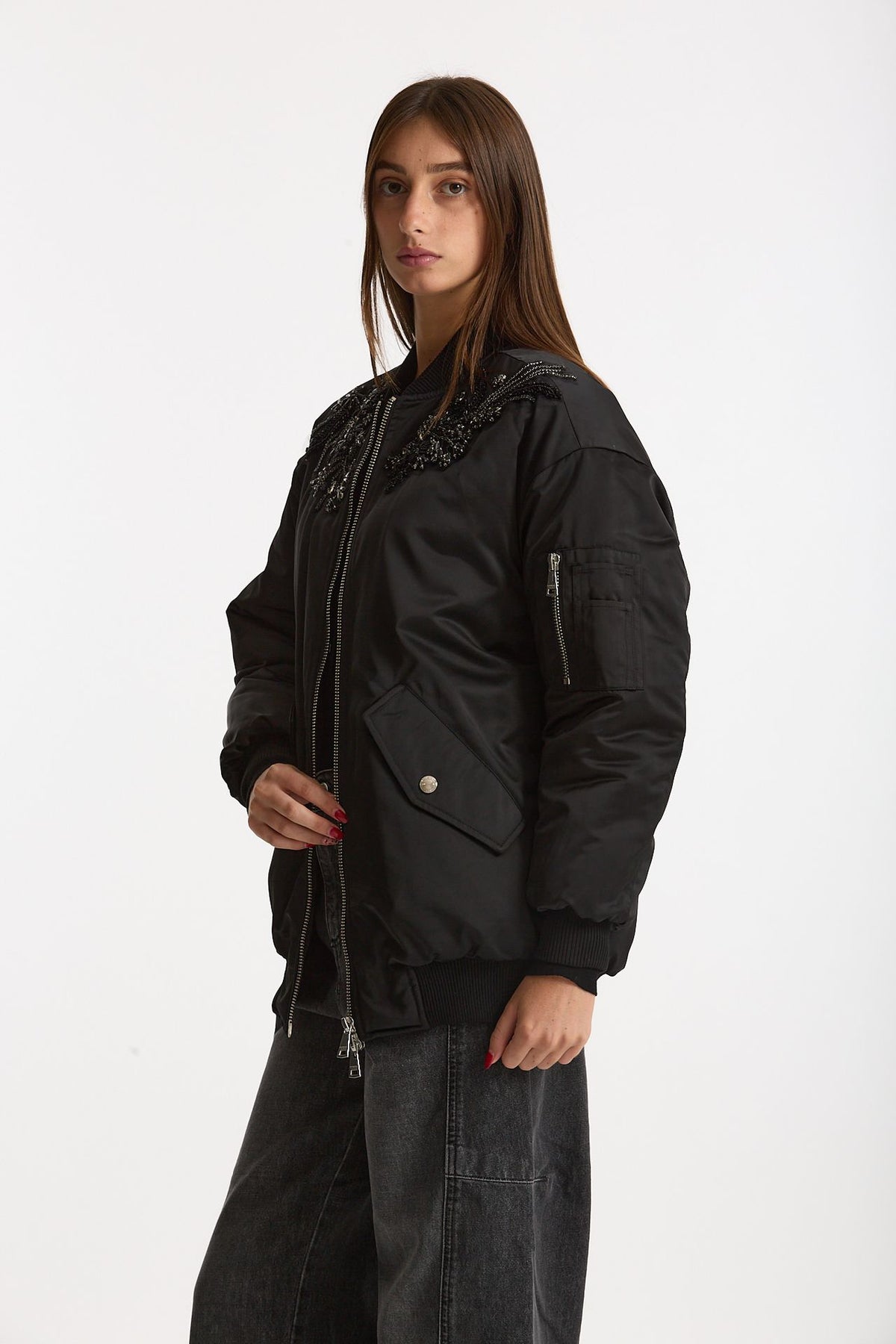 Bomber imbottito in raso con ricami gioiello nero donna Ermanno firenze - 2