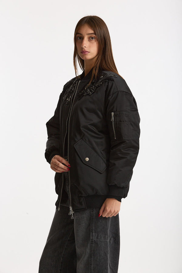 Bomber imbottito in raso con ricami gioiello nero donna Ermanno firenze