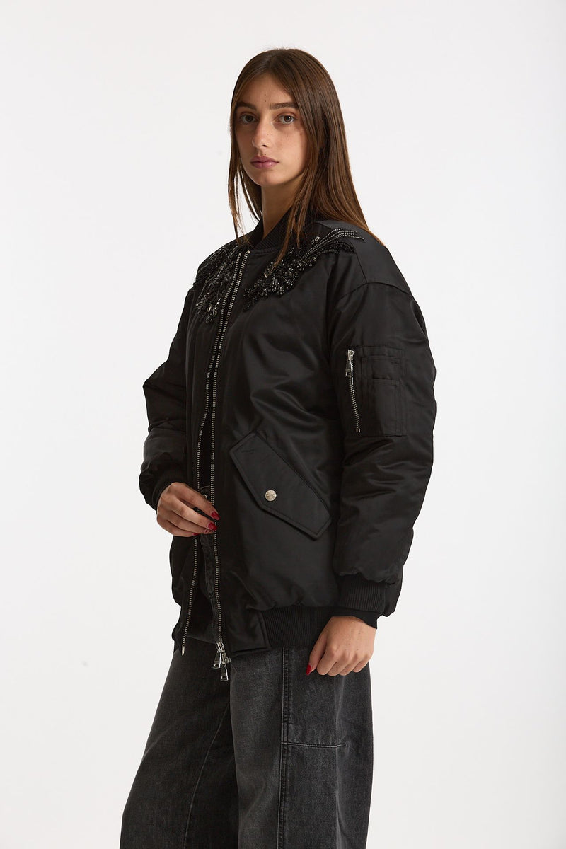 Bomber imbottito in raso con ricami gioiello nero donna Ermanno firenze - 2